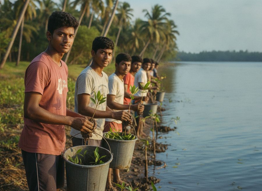 Young volunteers planting mangrove saplings